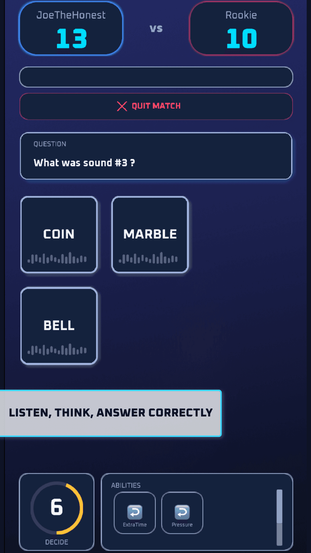 Game screen showing questions and answers