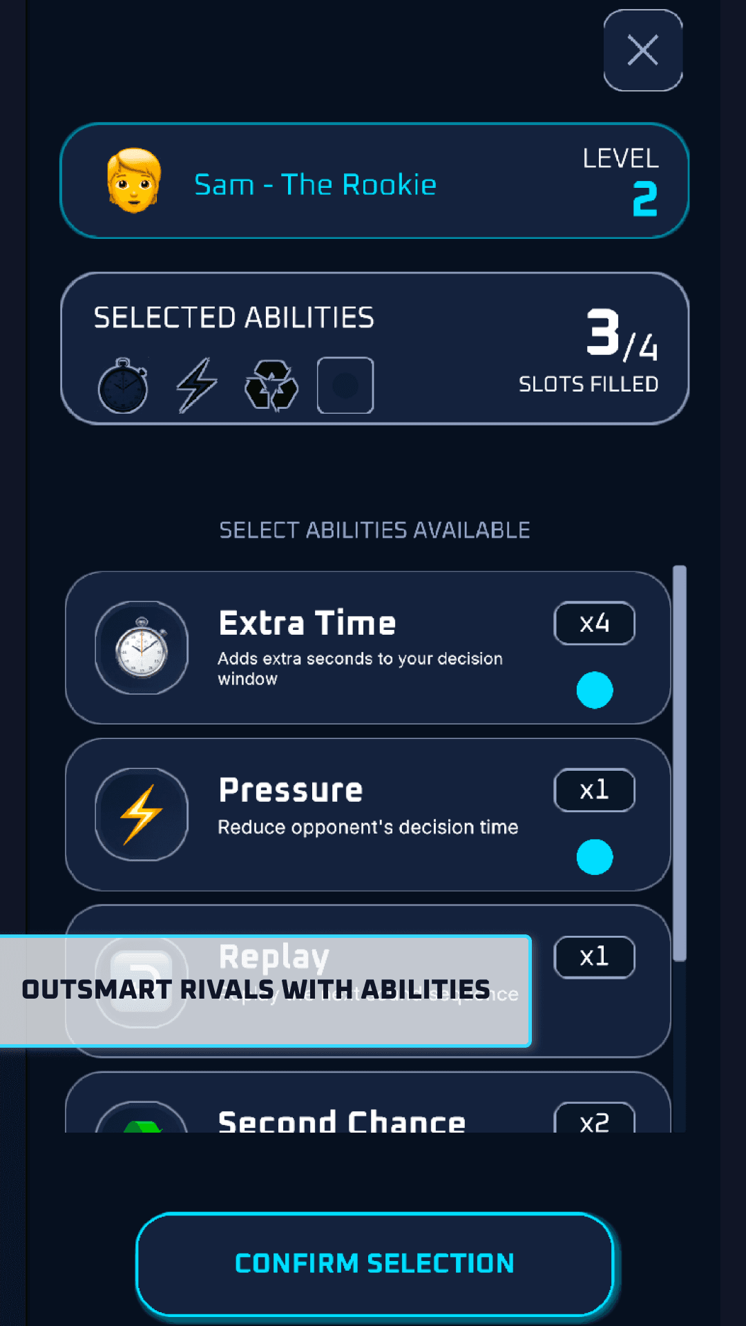 Menu screen showing abilities available for selection